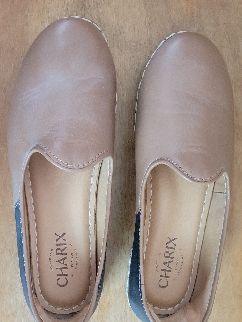 Charix Women's Tan Leather Slip-On Loafers  Camel Black   Size 38 - Picture 2 of 9